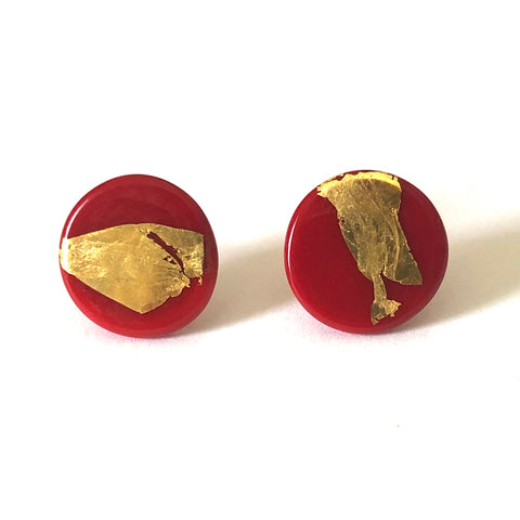 Gold Red Handmade Glass Button Stud Earrings