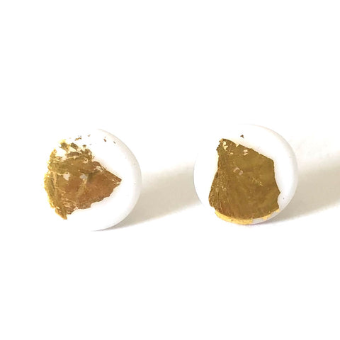 Gold White Handmade Glass Button Stud Earrings
