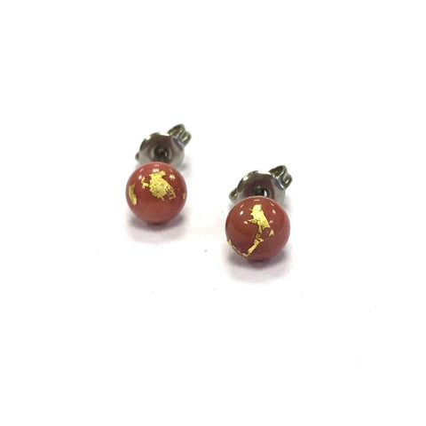 Coral and Gold Handmade Glass Stud Earrings