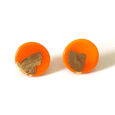 Gold Orange Handmade Glass Button Stud Earrings