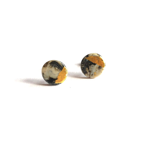 Glass and Gold Midi Stud Earrings, Stone Marble Effect