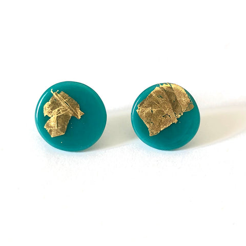 Gold Teal Handmade Glass Button Stud Earrings