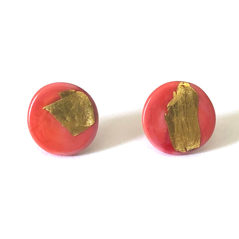 Gold Coral Handmade Glass Button Stud Earrings