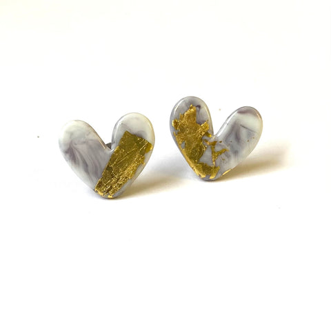 Agate Glass and Gold Marble Heart Studs