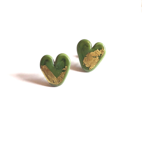 Olive Gold Handmade Glass Heart Stud Earrings