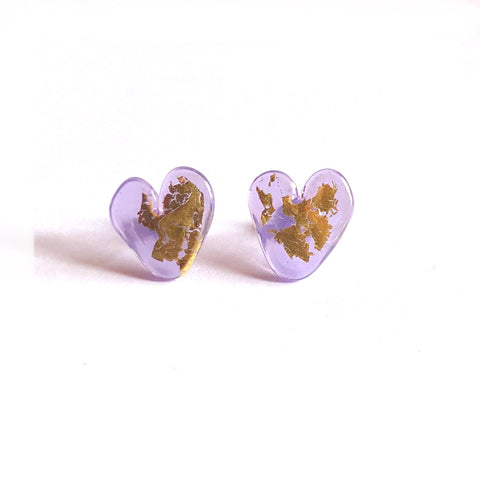Lilac Gold Handmade Glass Heart Stud Earrings
