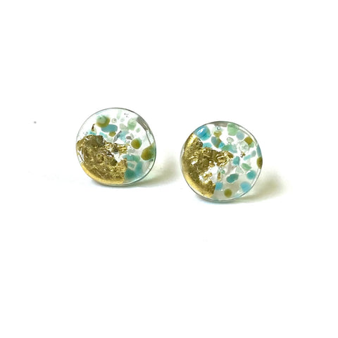 Glass and Gold Midi Mottled Stud Earrings, Aqua
