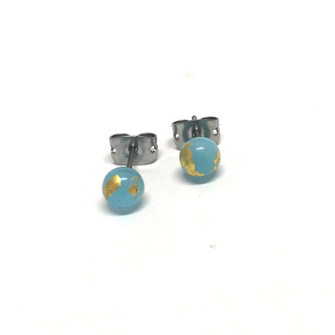 Ice Blue and Gold Handmade Glass Stud Earrings