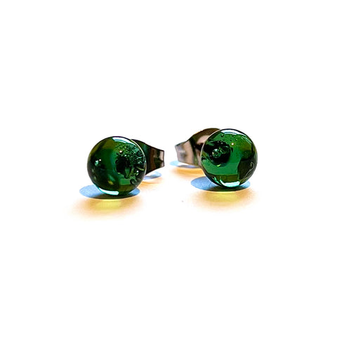 Green Whisky Bottle Studs, Recycled Glass and Surgical Steel