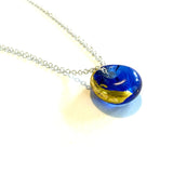 Recycled Whisky Bottle Glass Pendant, Blue Glass and Gold on Sterling Silver Chain