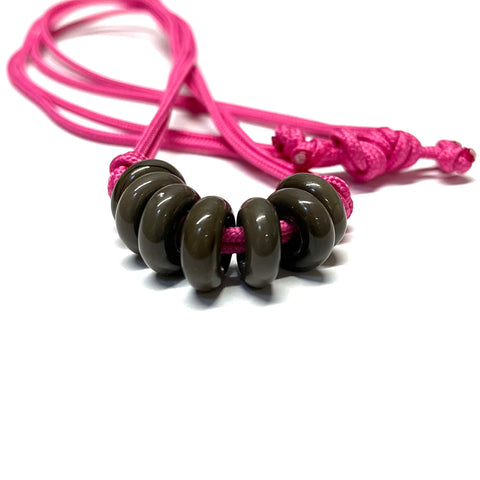 Charcoal on Fuchsia Paracord and Glass Adjustable Necklace