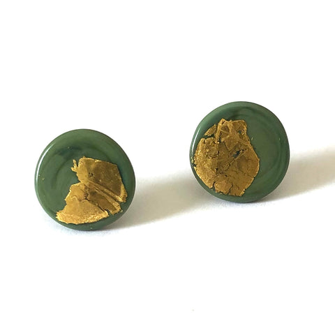 Gold Olive Handmade Glass Button Stud Earrings