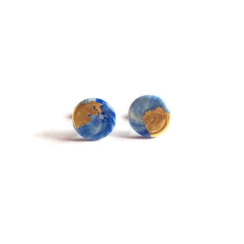 Glass and Gold Midi Stud Earrings, Delft Marble Effect