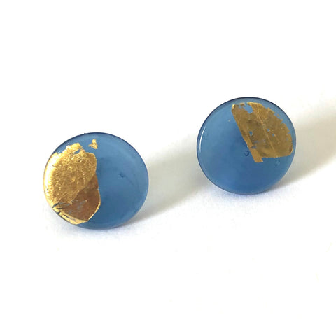 Gold Steel Blue Handmade Glass Button Stud Earrings