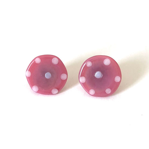 Dotty Raspberry Handmade Glass Button Stud Earrings
