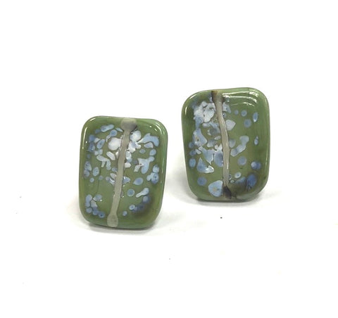 Snowy Olive Glass and Enamel Handmade Stud Earrings