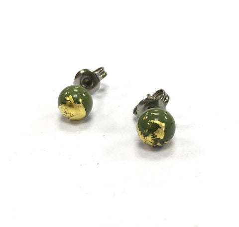 Olive and Gold Handmade Glass Stud Earrings