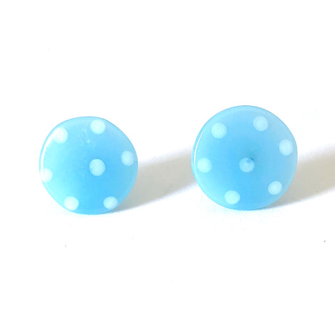 Dotty Ice Blue Handmade Glass Button Stud Earrings