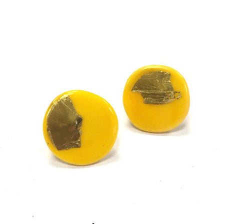 Gold Yellow Handmade Glass Button Stud Earrings