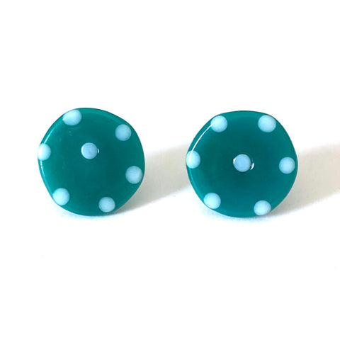 Dotty Teal Handmade Glass Button Stud Earrings