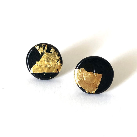 Gold Black Handmade Glass Button Stud Earrings
