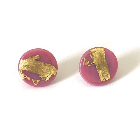 Gold Raspberry Handmade Glass Button Stud Earrings