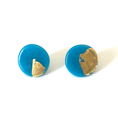 Gold Turquoise Handmade Glass Button Stud Earrings