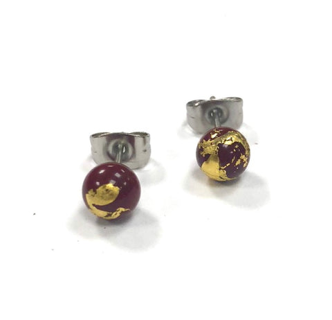 Burgundy and Gold Handmade Glass Stud Earrings