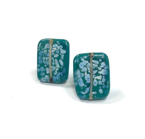Snowy Teal Glass and Enamel Handmade Stud Earrings