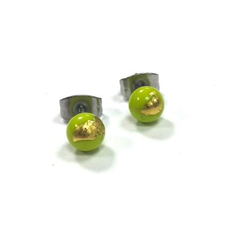Lime Green and Gold Handmade Glass Stud Earrings