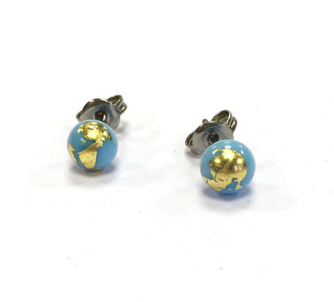 Sky Blue and Gold Handmade Glass Stud Earrings