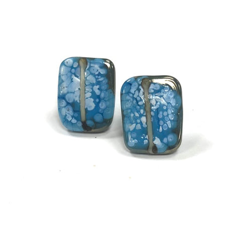 Snowy Copper Blue Glass and Enamel Handmade Stud Earrings