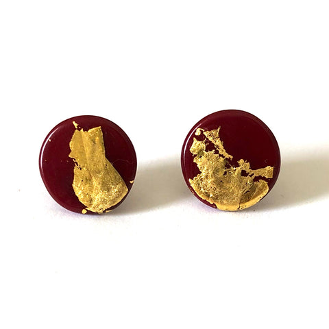 Gold Burgundy Handmade Glass Button Stud Earrings
