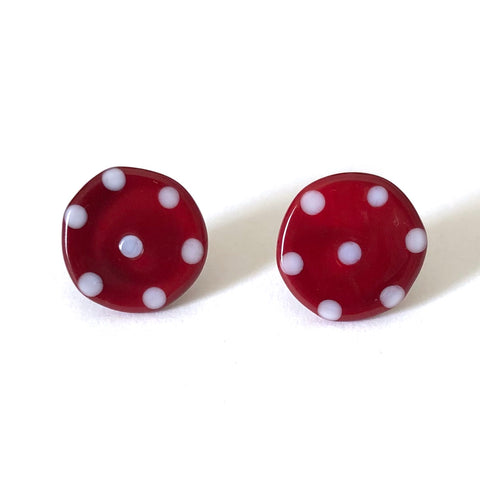 Dotty Burgundy Handmade Glass Button Stud Earrings