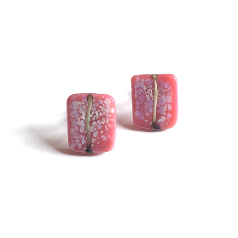 Snowy Raspberry Glass and Enamel Handmade Stud Earrings