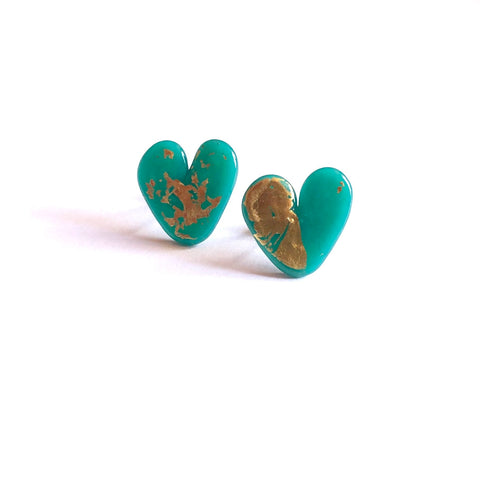 Teal Gold Handmade Glass Heart Stud Earrings
