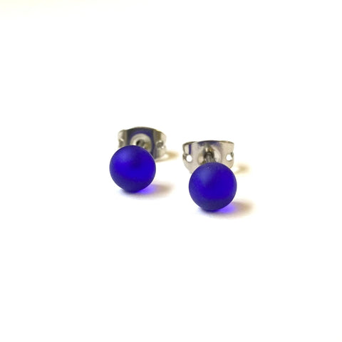 Frosted Cobalt Handmade Glass Mini Stud Earrings