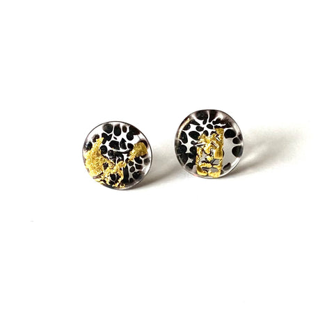 Glass and Gold Midi Mottled Stud Earrings, Dalmatian