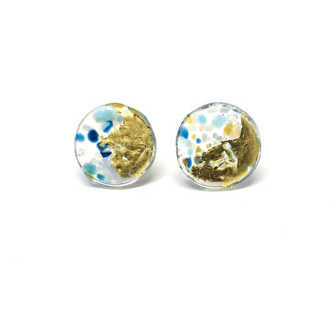 Glass and Gold Midi Mottled Stud Earrings, Beach Pebble