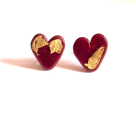 Burgundy Gold Handmade Glass Heart Stud Earrings