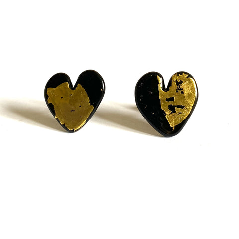 Wonky Black and Gold Heart Studs, just wonky