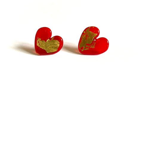 Wonky Ruby Gold Heart Studs 2, just wonky