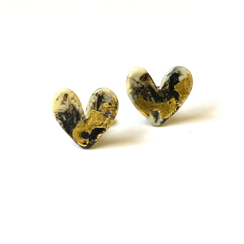 Stone Glass and Gold Marble Heart Studs