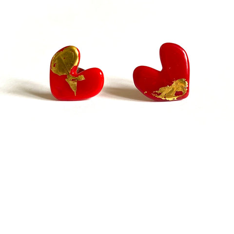 Wonky Red and Gold Heart Studs, slightly different background colours