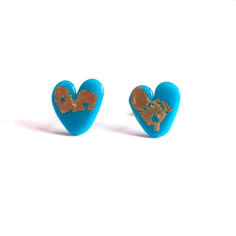 Turquoise Gold Handmade Glass Heart Stud Earrings
