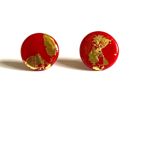 Wonky Red and Gold Button Studs, slightly bumpy texture