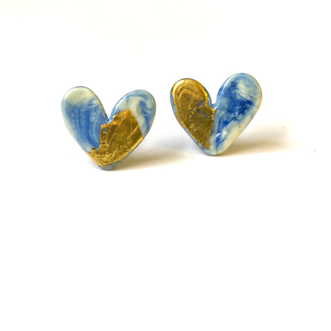 Delft Glass and Gold Marble Heart Studs