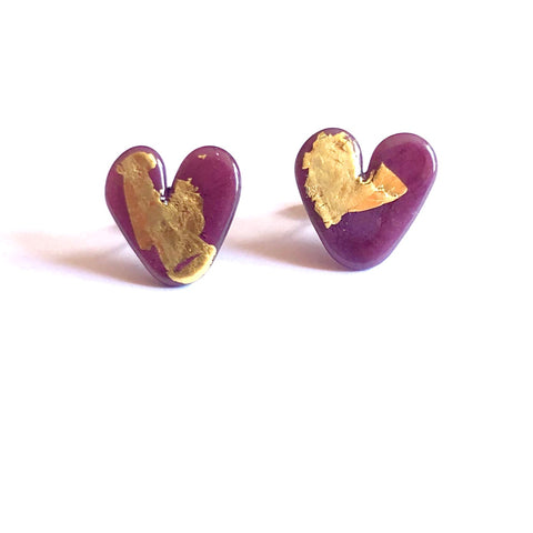 Plum Gold Handmade Glass Heart Stud Earrings