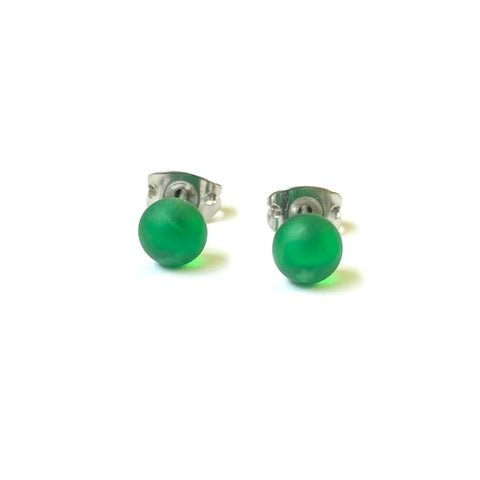 Frosted Emerald Handmade Glass Mini Stud Earrings