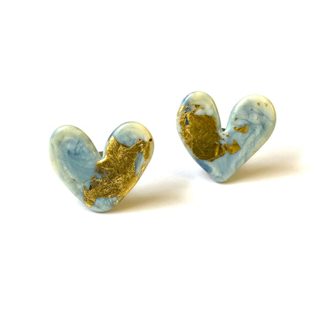 Enamel Glass and Gold Marble Heart Studs